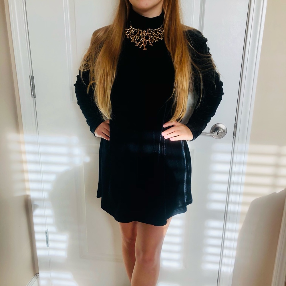 Vintage Black Velvet Mockneck Long Sleeve Mini Dress - Picture 1 of 10